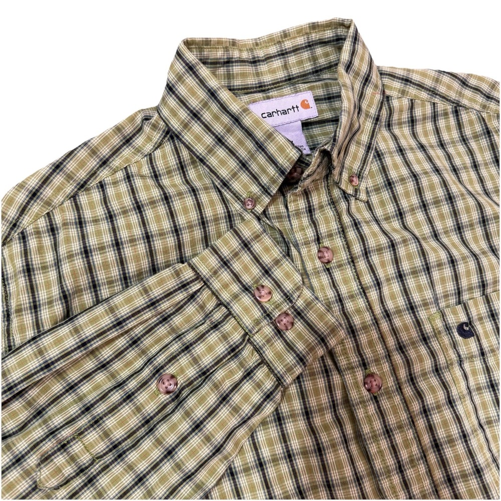 🚜 Carhartt Mens Medium Plaid Button Down Work Shirt Long Sleeve Green S252 CTS